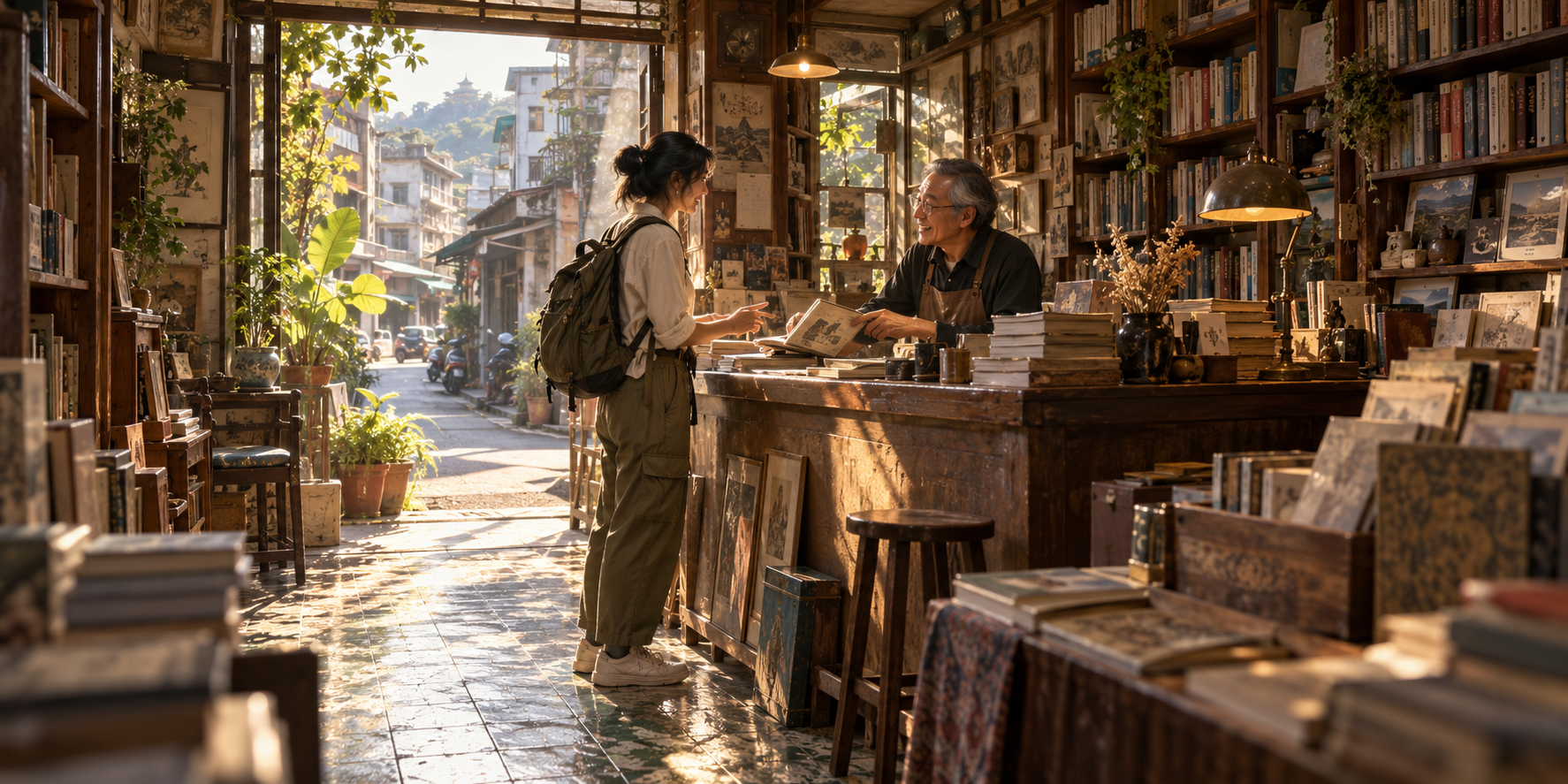 Concept art: a traveler talks with a bookshop keeper