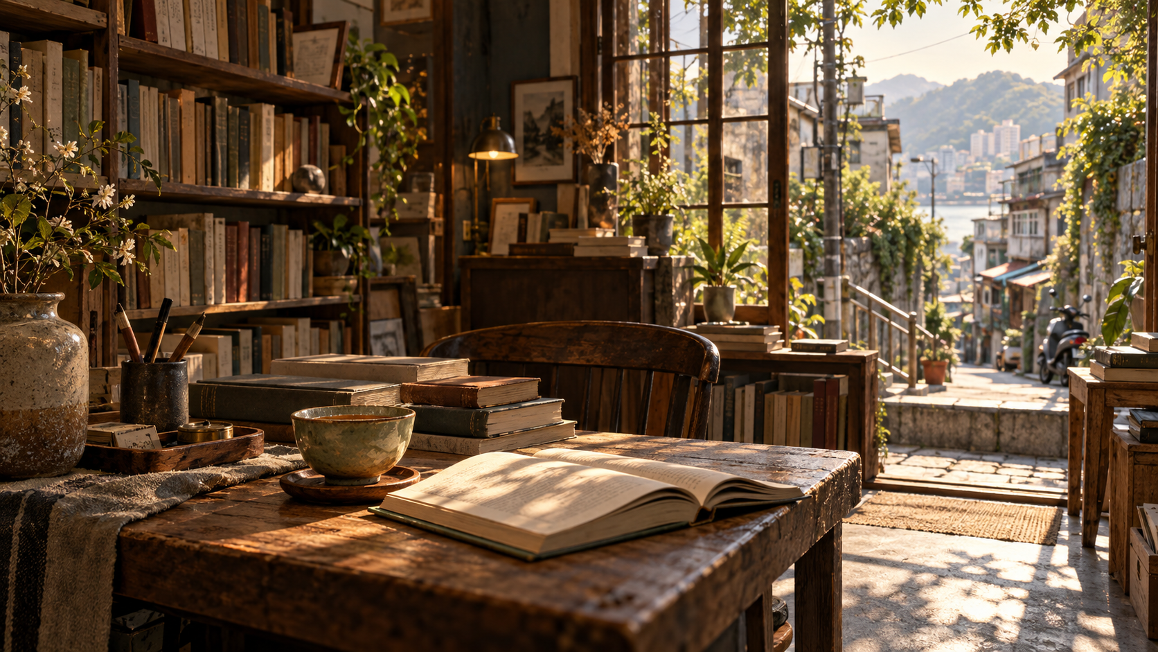 Concept art: books and tea in a sunlit bookshop