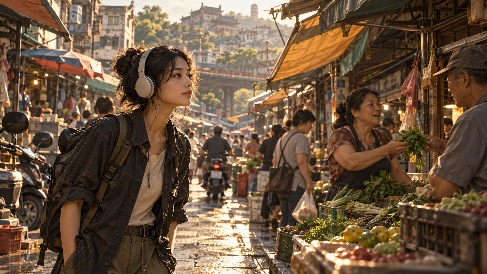 Concept art: a traveler listens in a busy street market