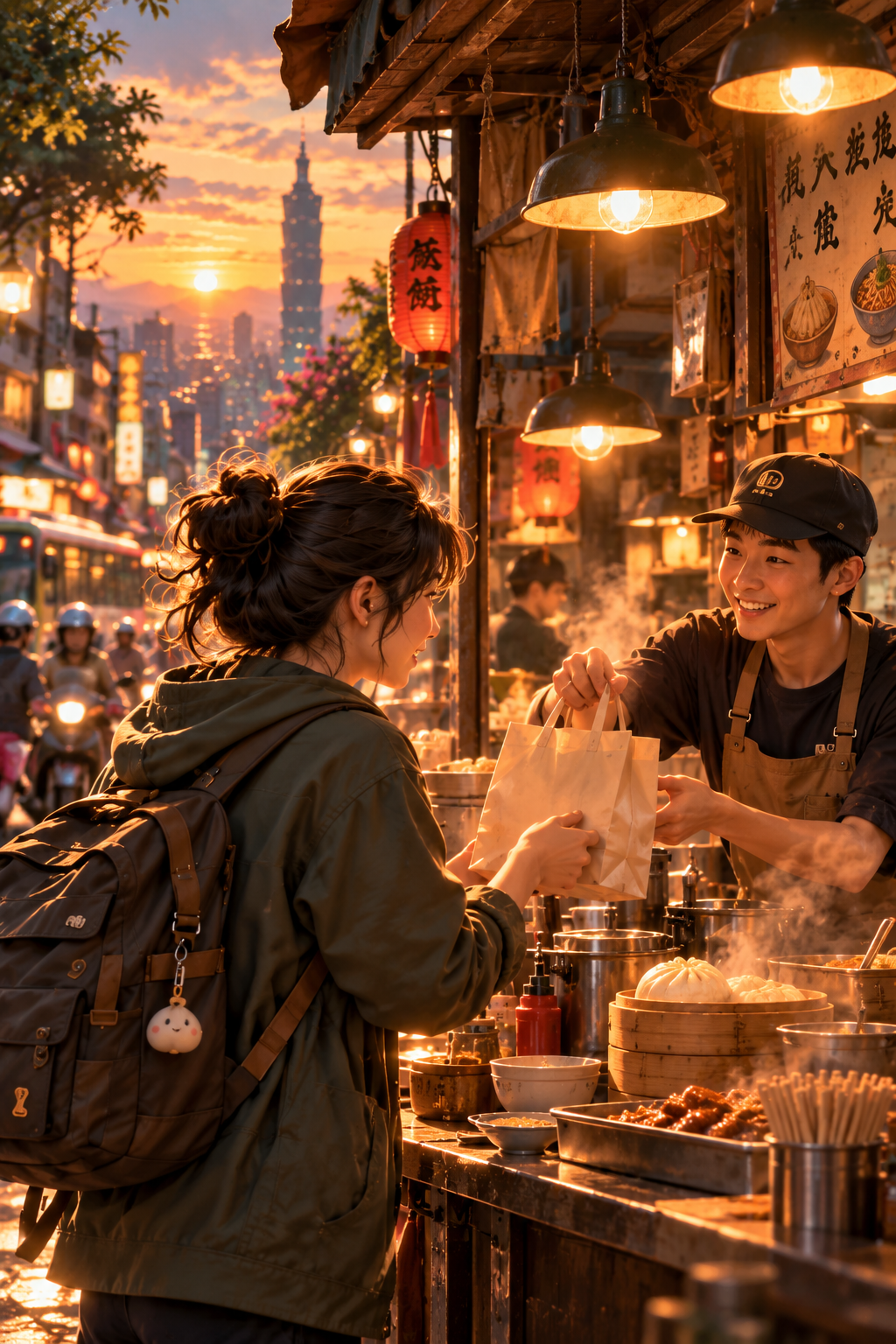 Traveler speaking with a food vendor concept art