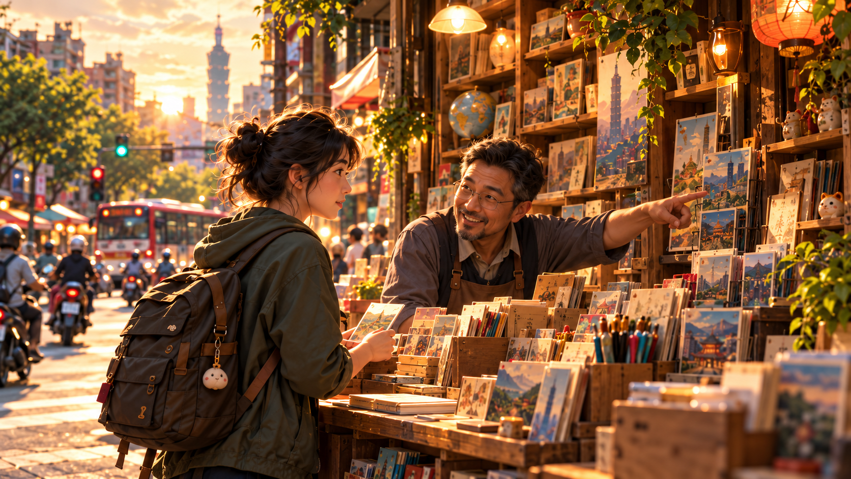 Concept art: a traveler speaks with a bookshop keeper