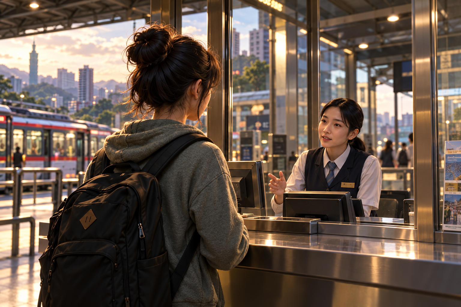 Traveler asking a transit attendant for help in concept art
