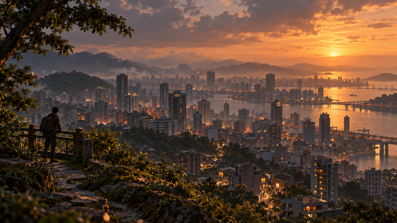 Concept art: a city skyline at sunset seen from a hillside