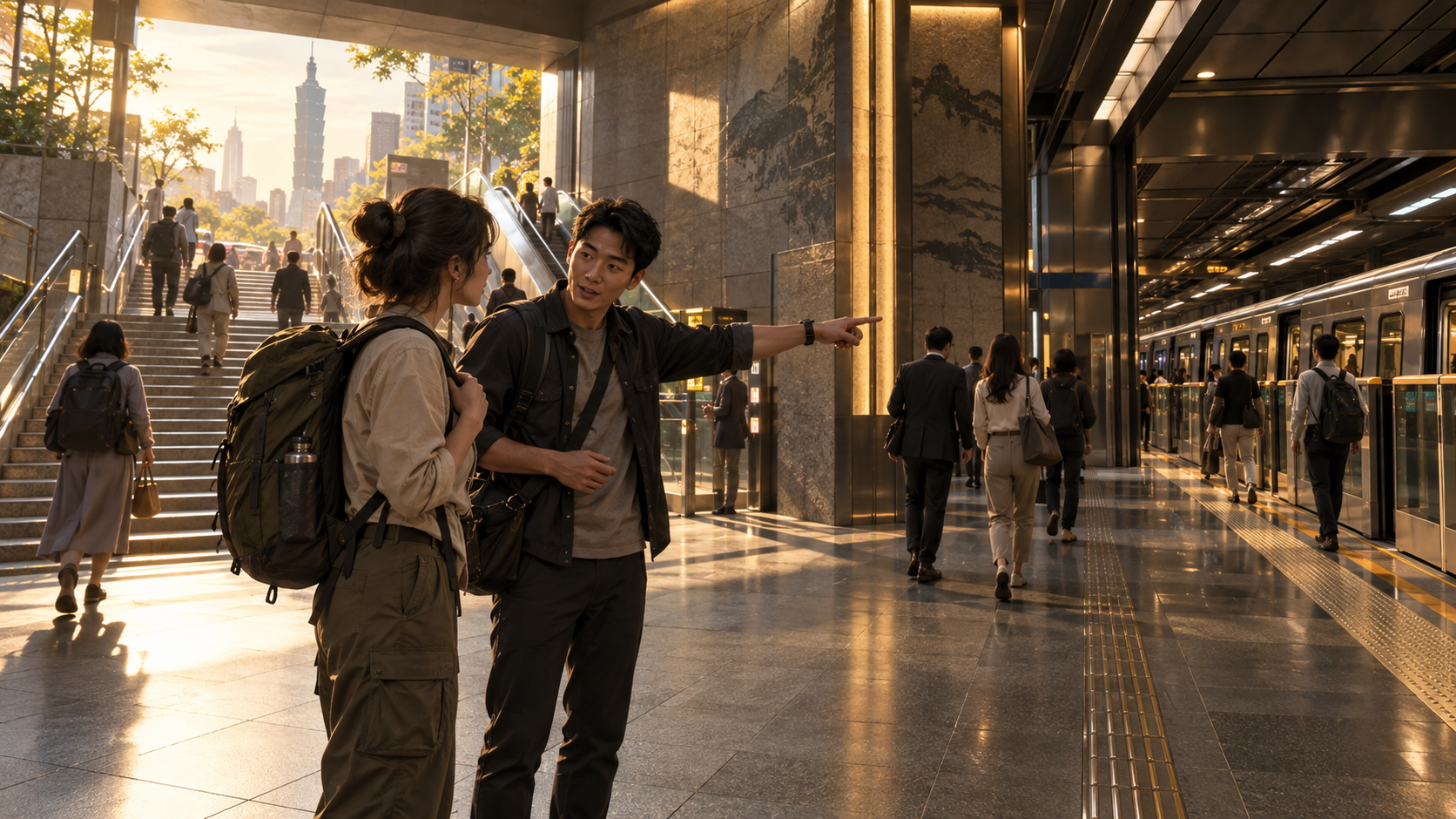 Concept art: a traveler asks for directions at a transit station